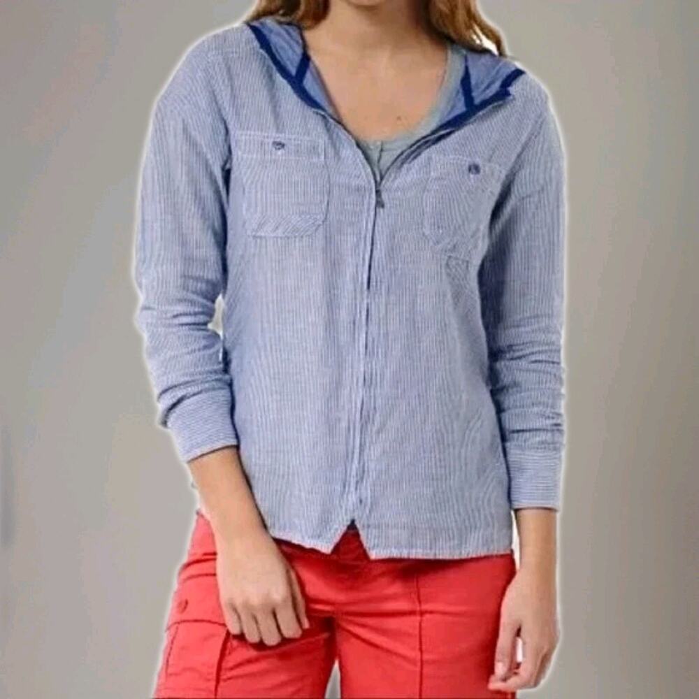 Toad & Co Jacket Womens Medium Blue Striped Hooded Organic Cotton Zip